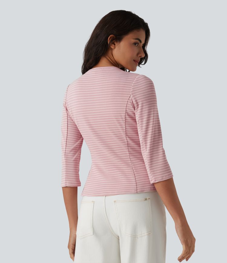 Lässiger Blazer aus geripptem Strick mit V-Ausschnitt, 3/4-Ärmeln, Streifen und offener Vorderseite