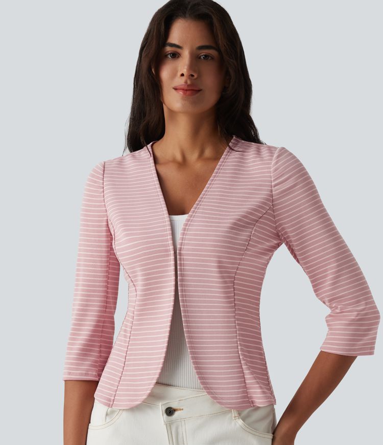 Lässiger Blazer aus geripptem Strick mit V-Ausschnitt, 3/4-Ärmeln, Streifen und offener Vorderseite