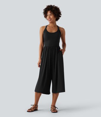 Wide Leg Capri Casual Jumpsuit with Pockets-Easy Peezy Edition