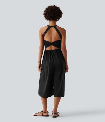 Wide Leg Capri Casual Jumpsuit with Pockets-Easy Peezy Edition