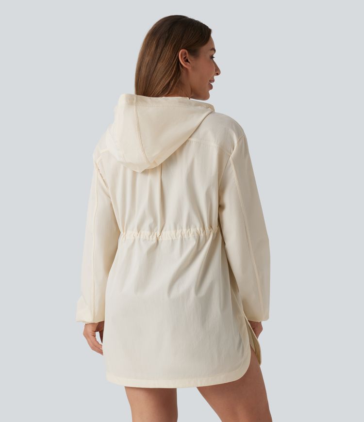 Water Repellent Wear-Resistant Hooded Drawstring Curved Hem Hiking Cargo Jacket with Pockets