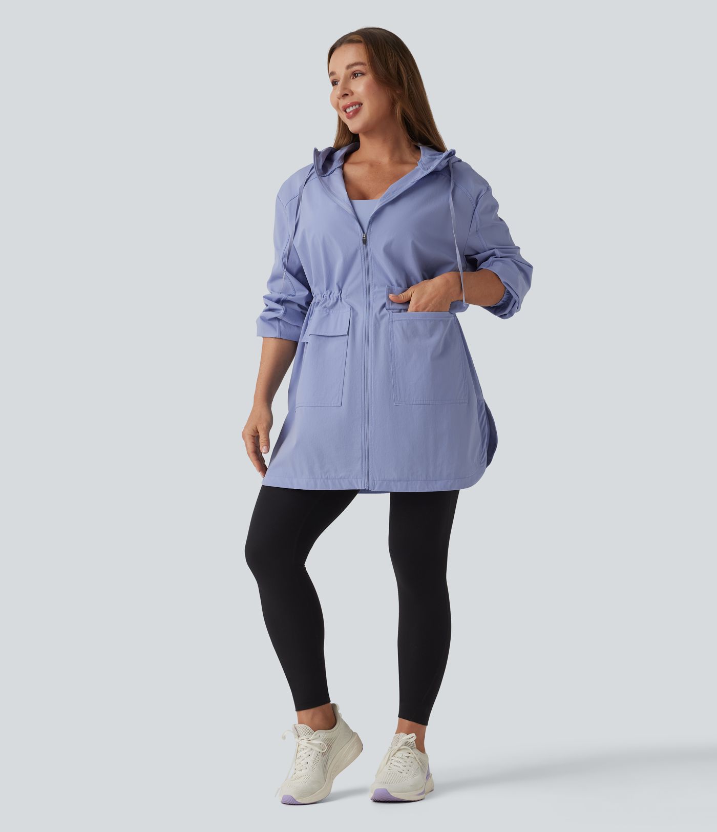 Water Repellent Wear-Resistant Hooded Drawstring Curved Hem Hiking Cargo Jacket with Pockets