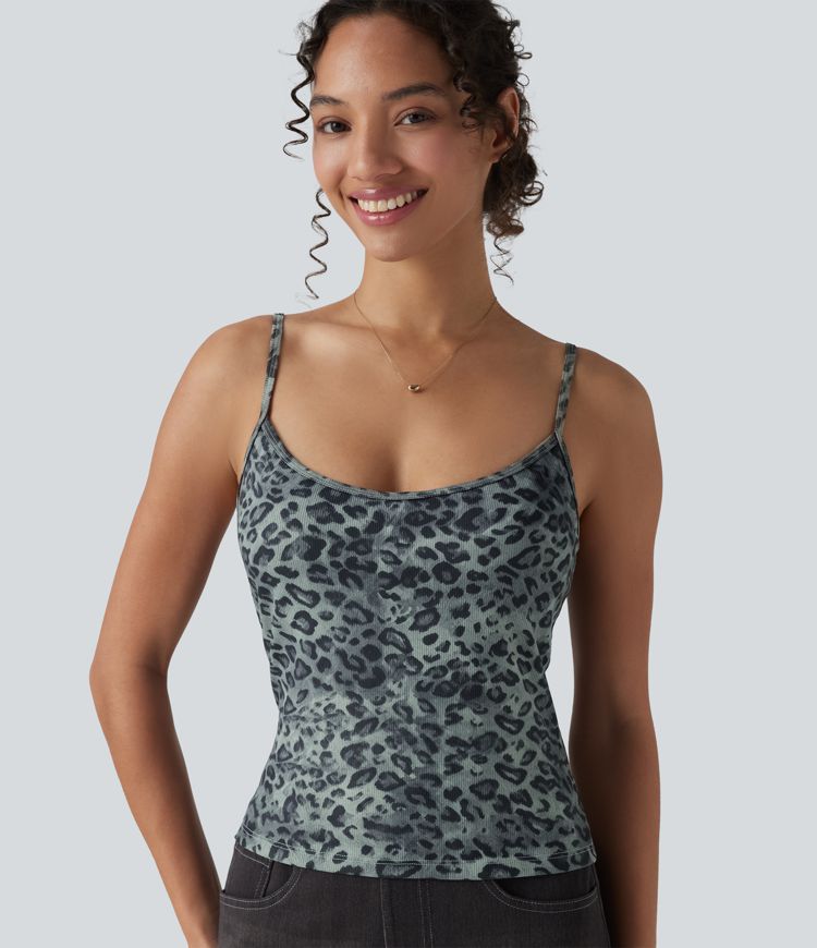 Ribbed Knit Leopard Print Casual Tank Top Ribbed Knit Leopard Print Casual Tank Top