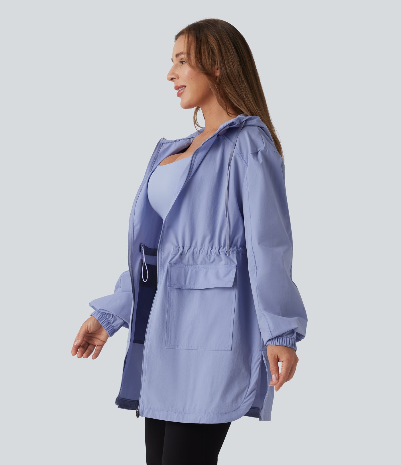 Water Repellent Wear-Resistant Hooded Drawstring Curved Hem Hiking Cargo Jacket with Pockets