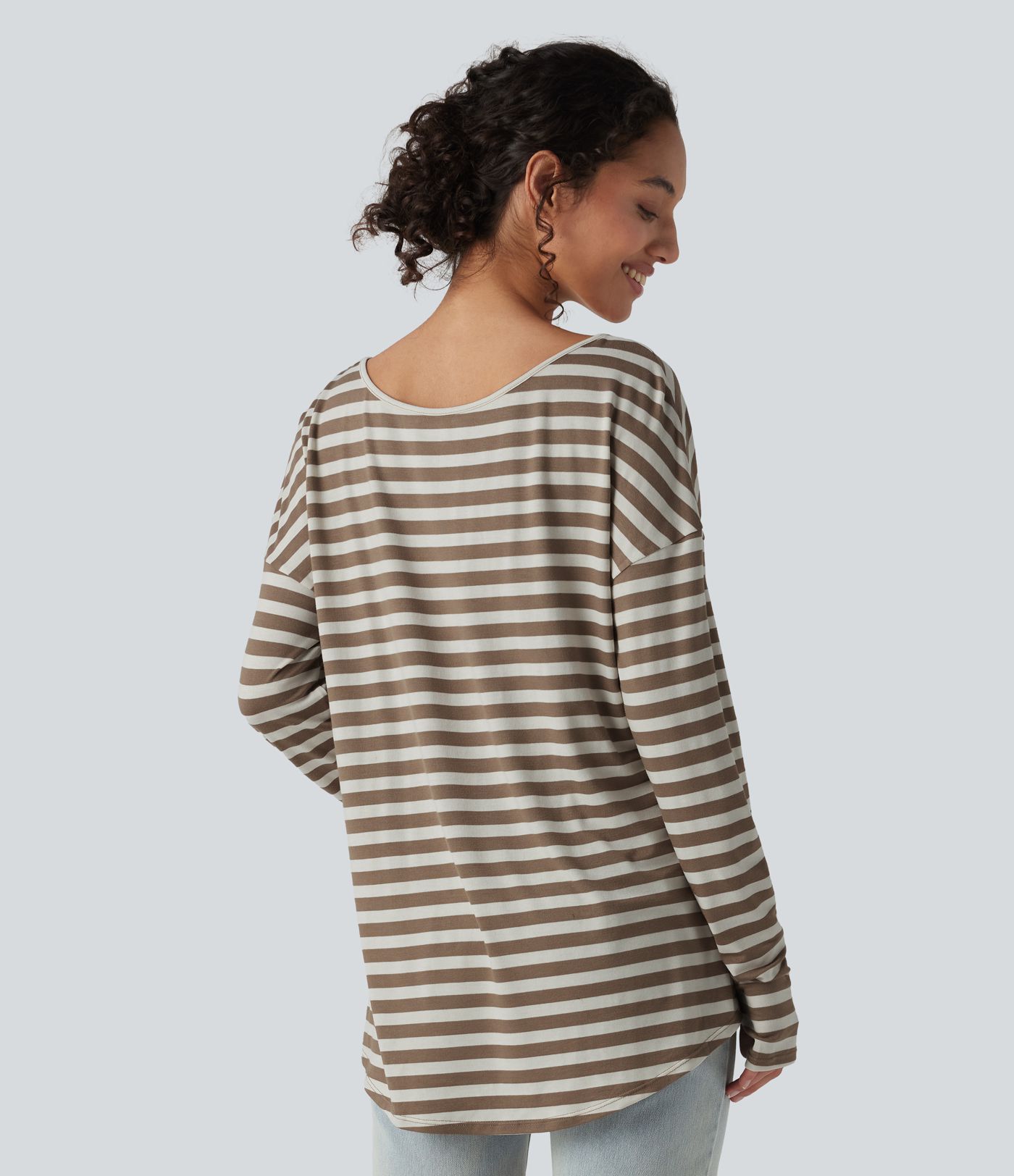 Deep V-neck Long Sleeve Thumb Holes Stripes Relaxed T-Shirt-Front and Back Wearable