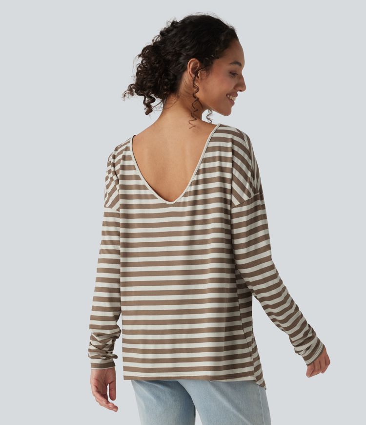 Deep V-neck Long Sleeve Thumb Holes Stripes Relaxed T-Shirt-Front and Back Wearable