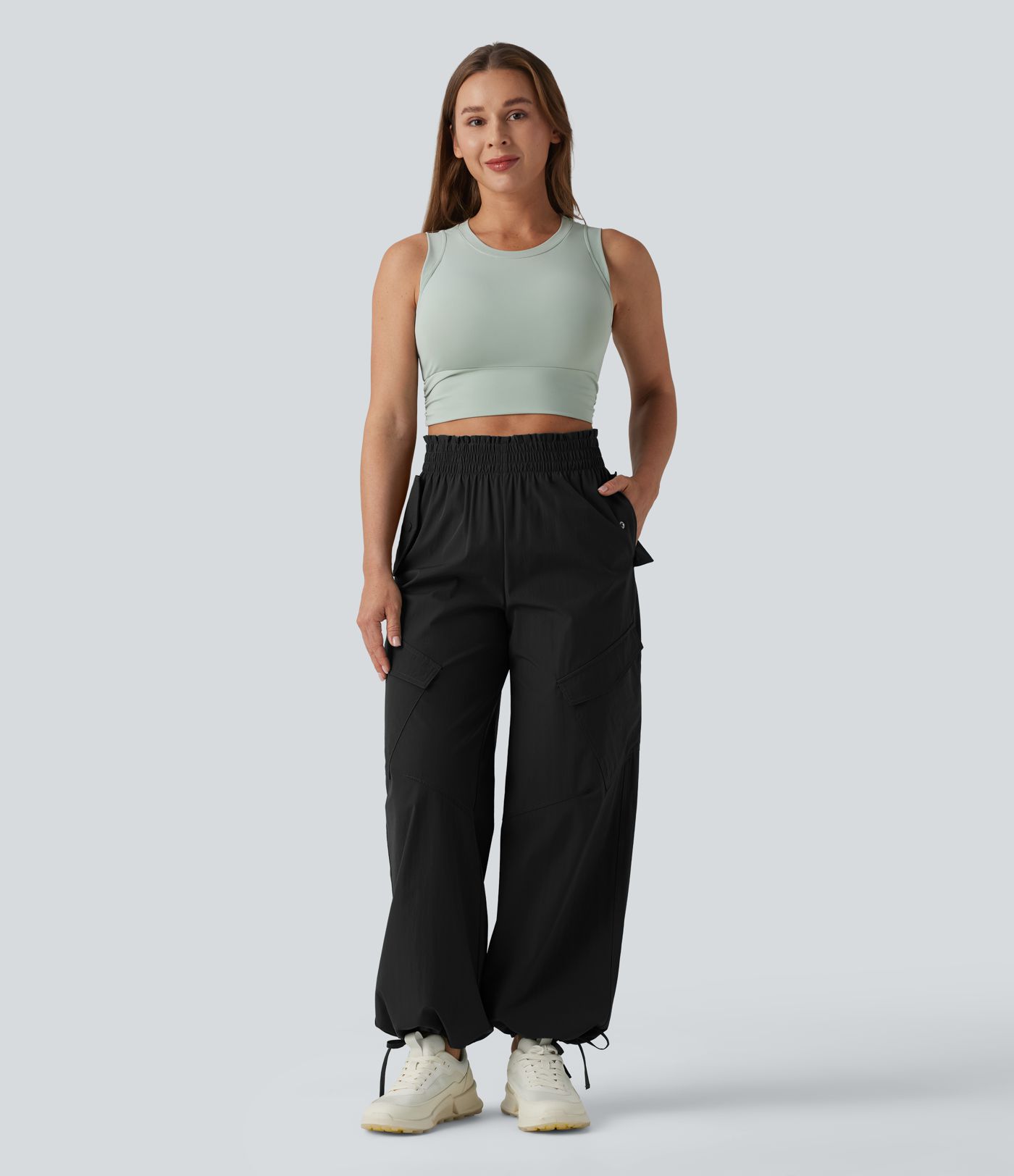 Pantalon cargo sport taille haute à finitions ondulées avec poches