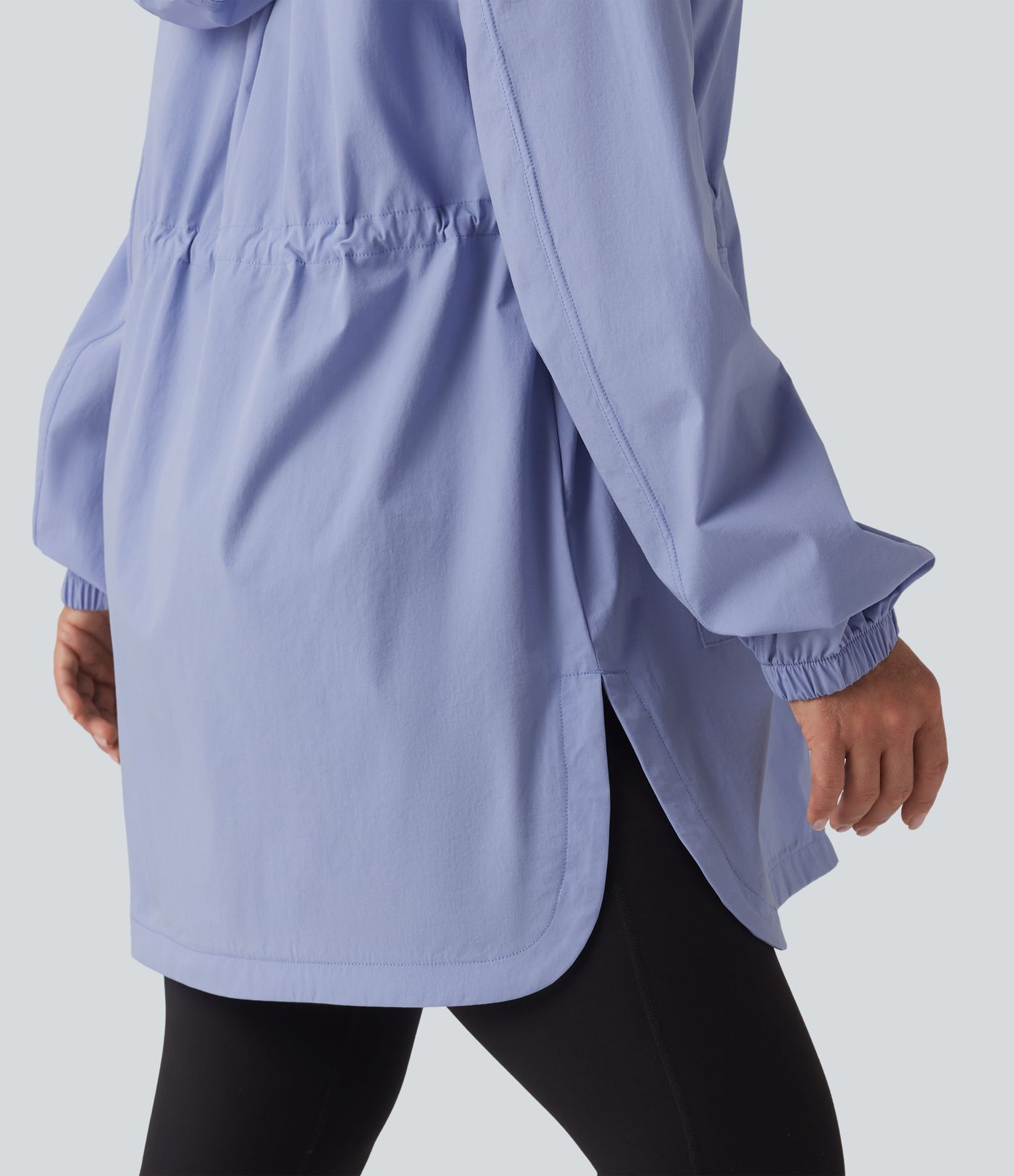 Water Repellent Wear-Resistant Hooded Drawstring Curved Hem Hiking Cargo Jacket with Pockets