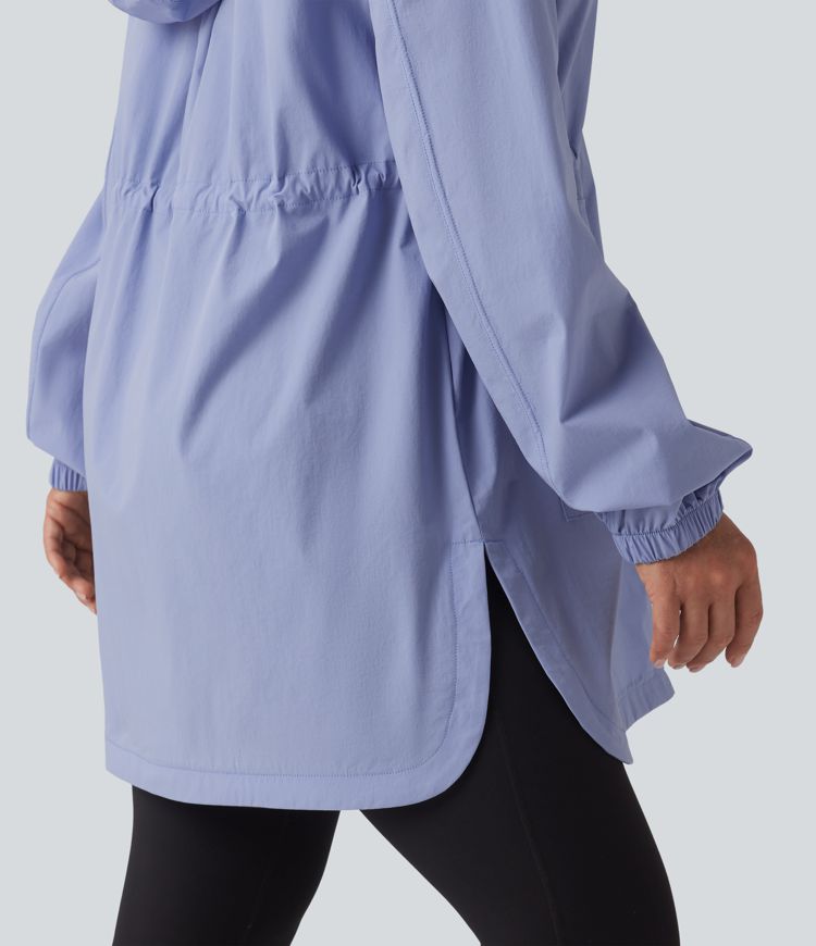 Water Repellent Wear-Resistant Hooded Drawstring Curved Hem Hiking Cargo Jacket with Pockets