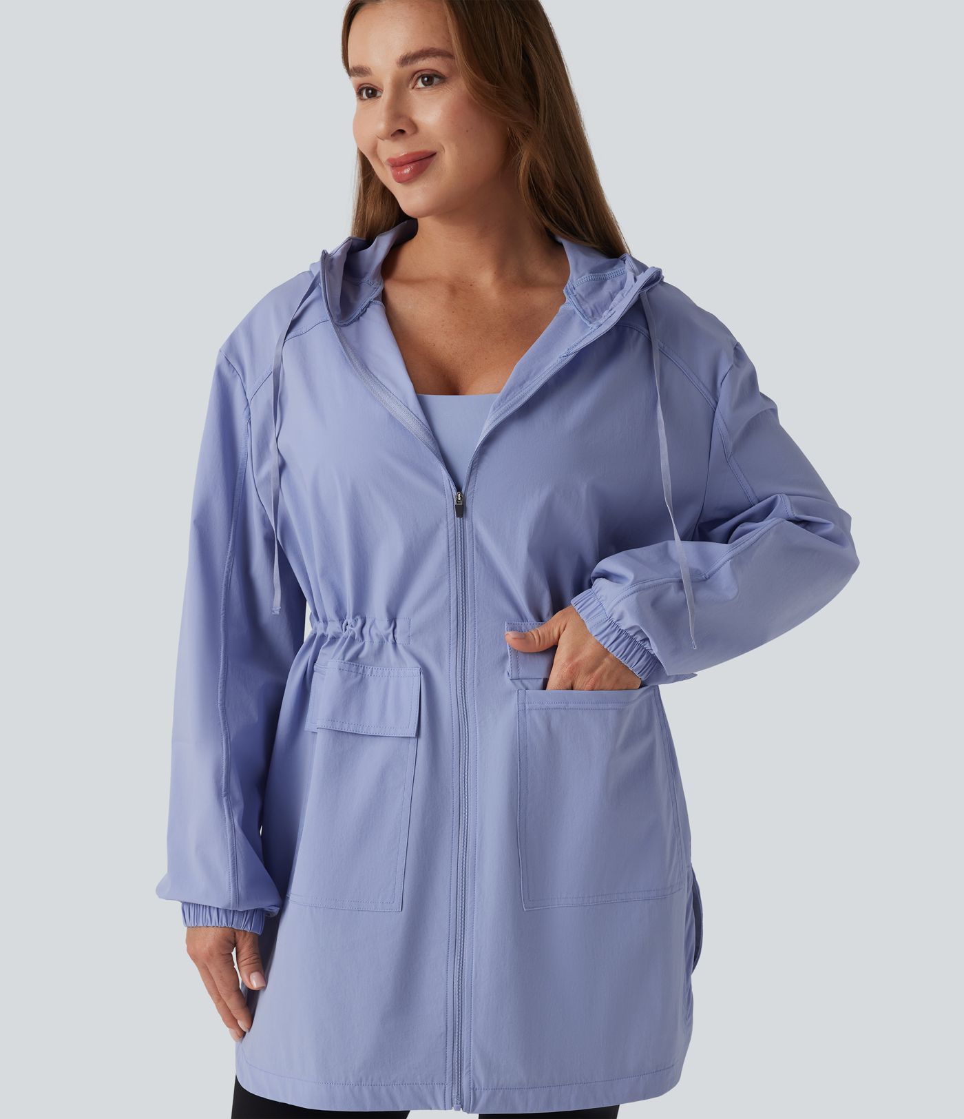 Water Repellent Wear-Resistant Hooded Drawstring Curved Hem Hiking Cargo Jacket with Pockets