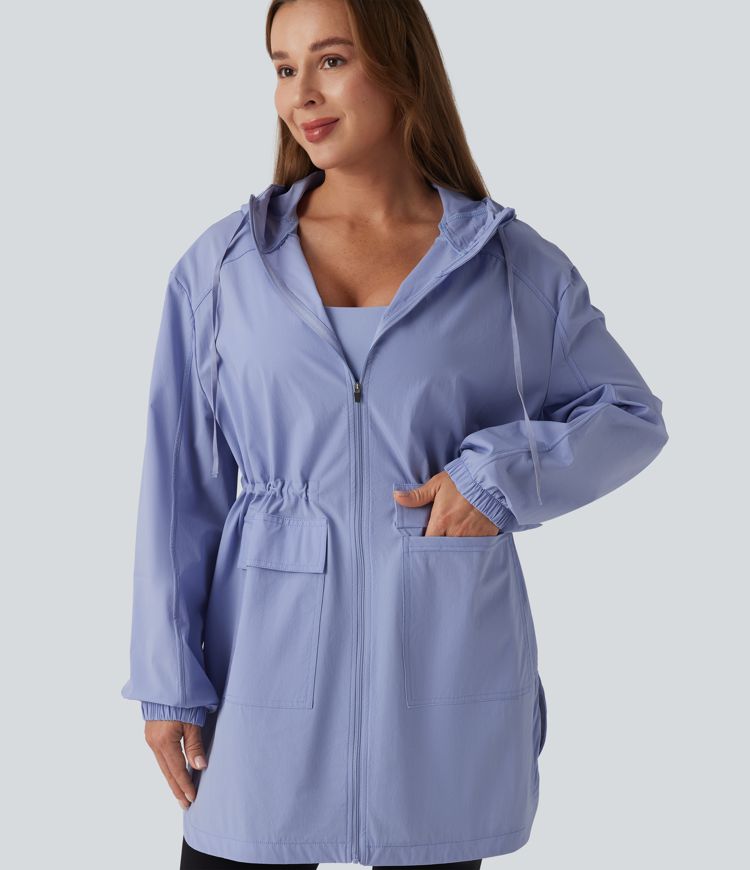 Water Repellent Wear-Resistant Hooded Drawstring Curved Hem Hiking Cargo Jacket with Pockets