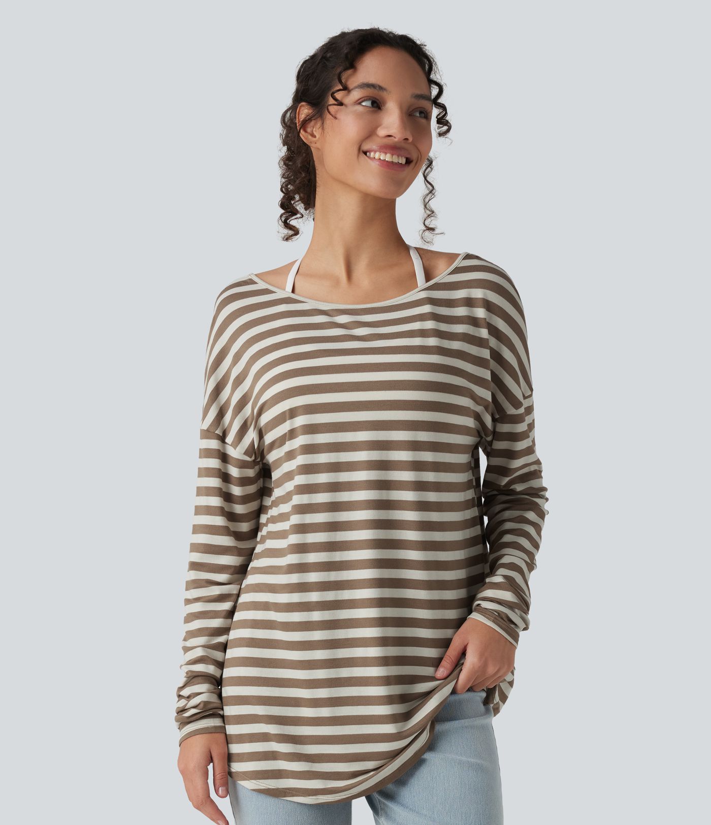 Deep V-neck Long Sleeve Thumb Holes Stripes Relaxed T-Shirt-Front and Back Wearable