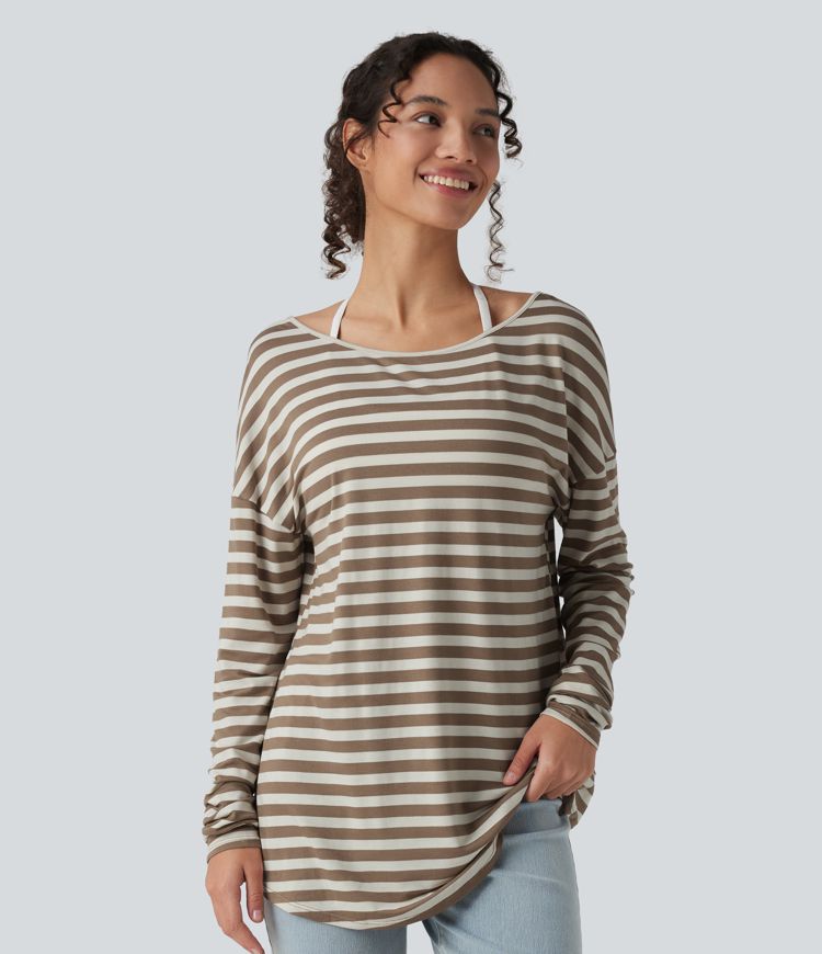 Deep V-neck Long Sleeve Thumb Holes Stripes Relaxed T-Shirt-Front and Back Wearable