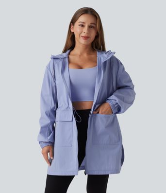 Water Repellent Wear-Resistant Hooded Drawstring Curved Hem Hiking Cargo Jacket with Pockets