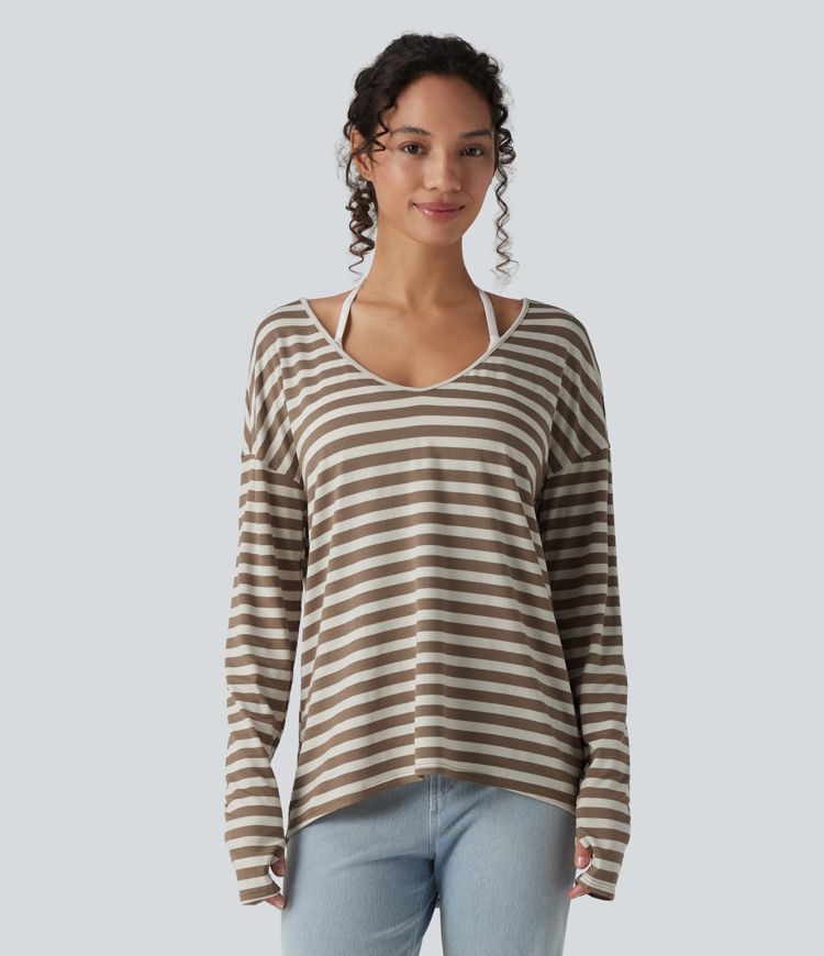 Deep V-neck Long Sleeve Thumb Holes Stripes Relaxed T-Shirt-Front and Back Wearable