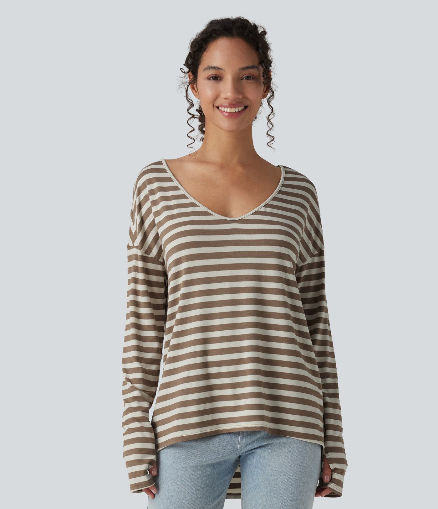 Deep V-neck Long Sleeve Thumb Holes Stripes Relaxed T-Shirt-Front and Back Wearable