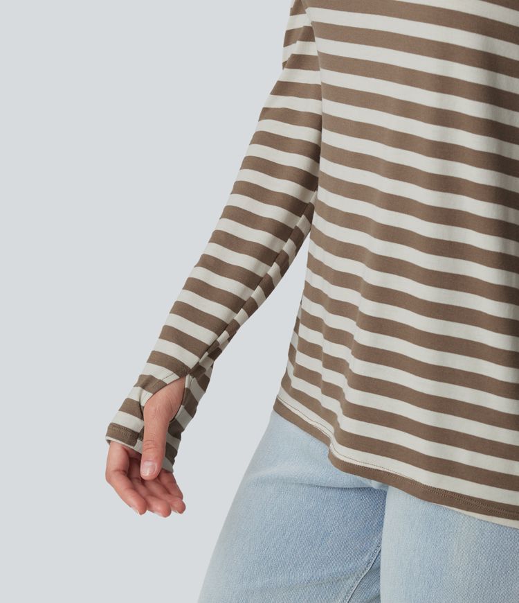 Deep V-neck Long Sleeve Thumb Holes Stripes Relaxed T-Shirt-Front and Back Wearable