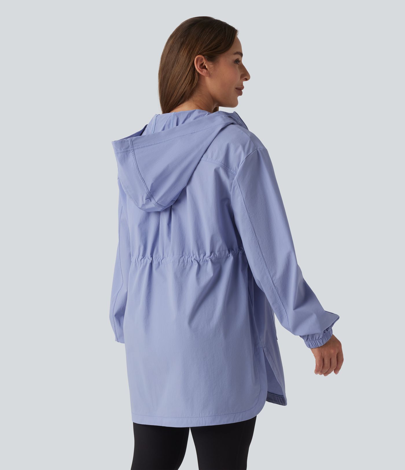Water Repellent Wear-Resistant Hooded Drawstring Curved Hem Hiking Cargo Jacket with Pockets