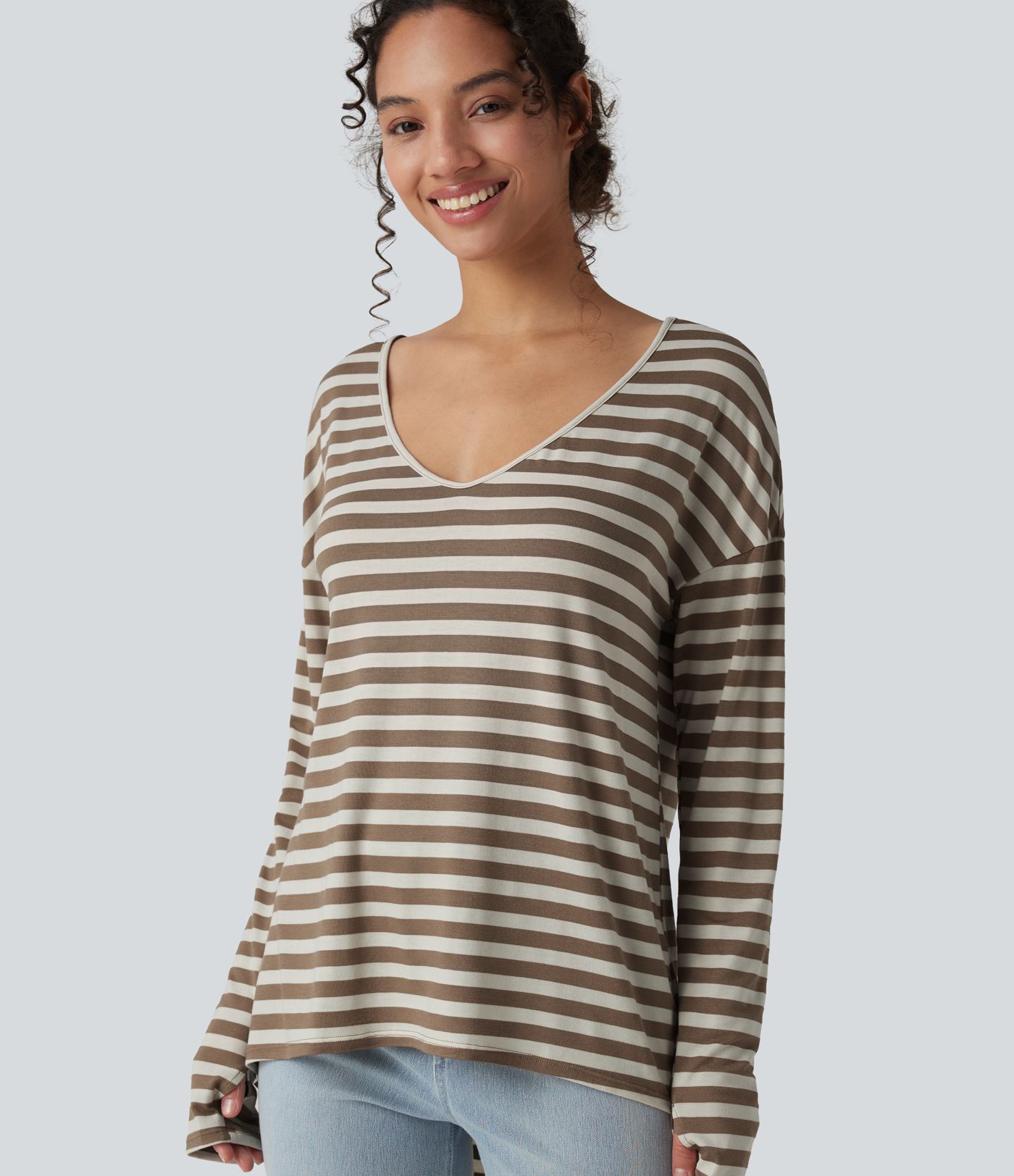 Deep V-neck Long Sleeve Thumb Holes Stripes Relaxed T-Shirt-Front and Back Wearable