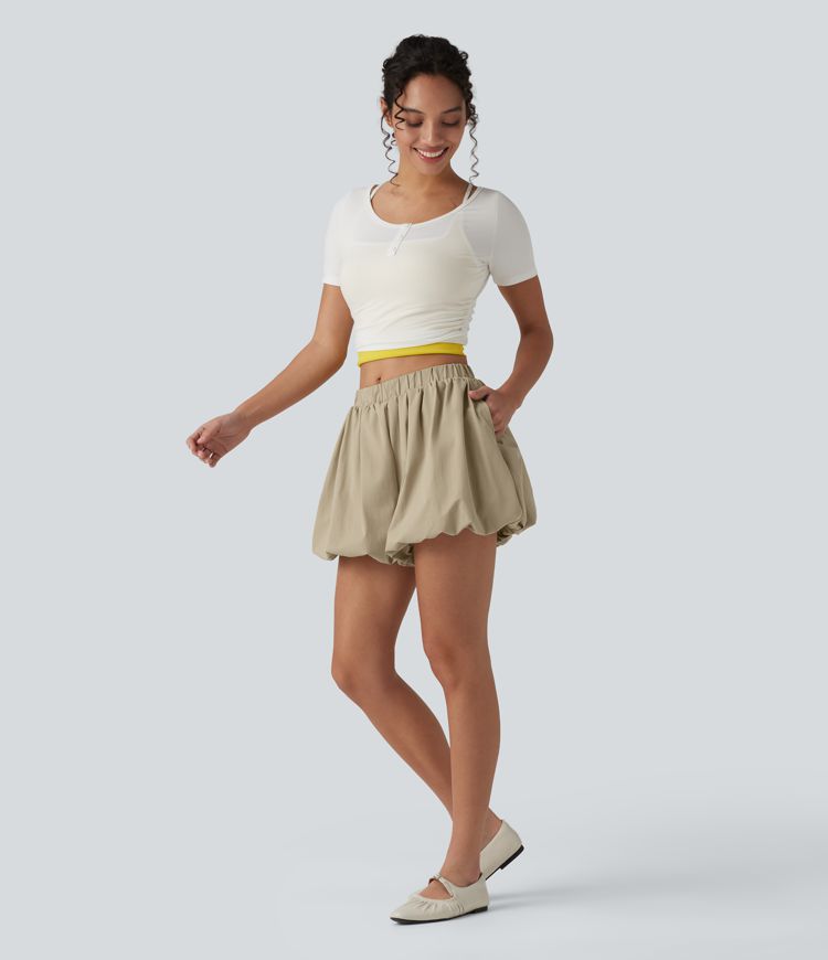 Mid Rise Stretchy Poplin Casual Bubble Shorts with Pockets Mid Rise Stretchy Poplin Casual Bubble Shorts with Pockets