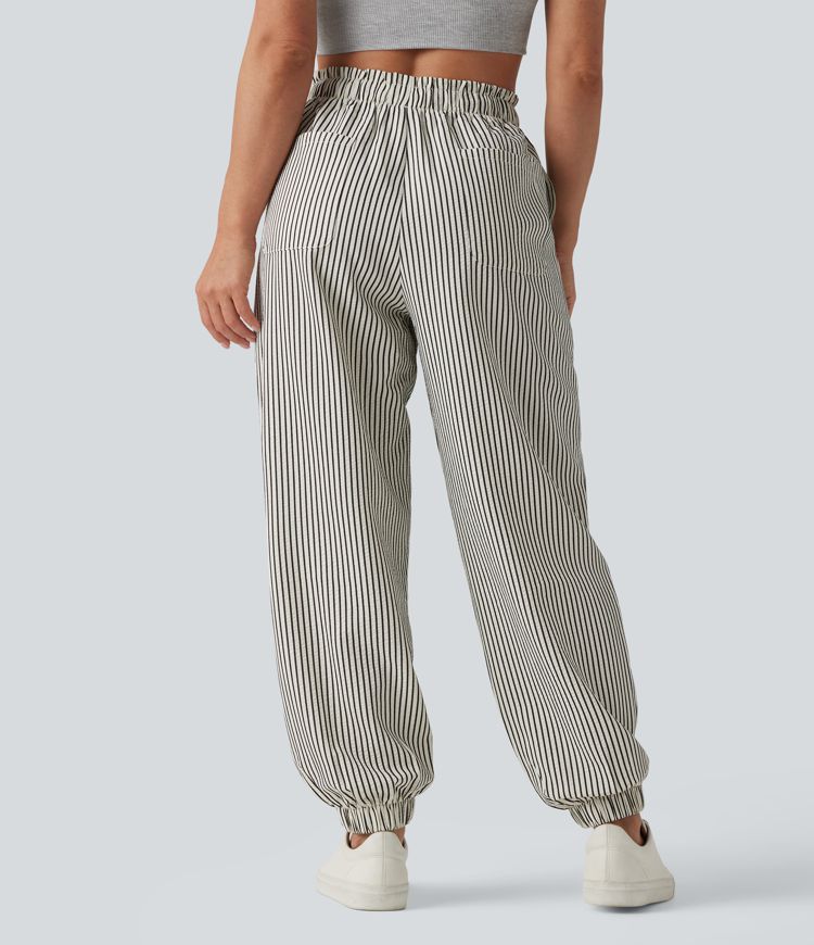 Lettuce Trim High Waisted Drawstring Stripes Casual Joggers with Pockets