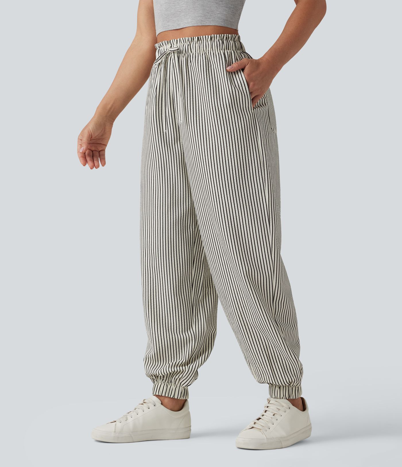 Lettuce Trim High Waisted Drawstring Stripes Casual Joggers with Pockets