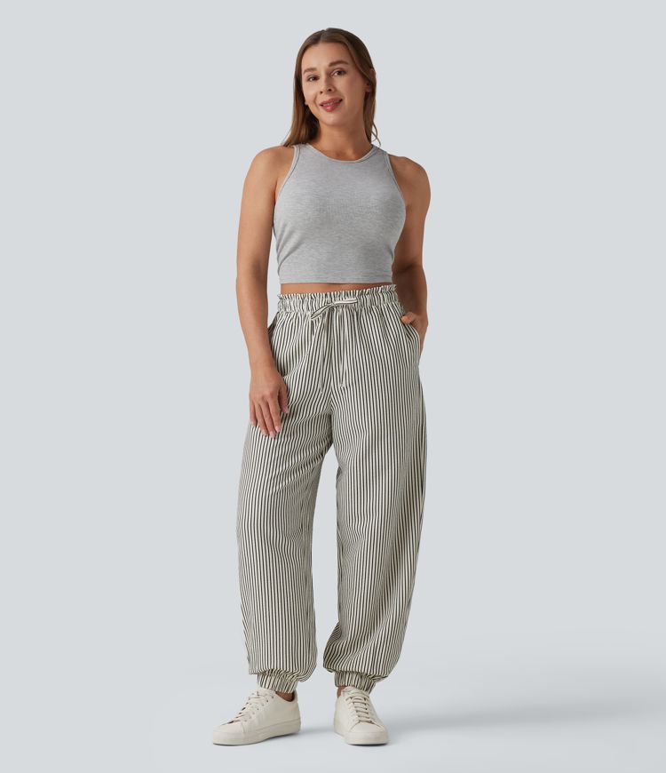 Lettuce Trim High Waisted Drawstring Stripes Casual Joggers with Pockets