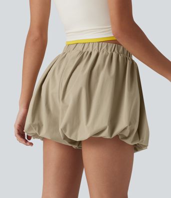 Mid Rise Stretchy Poplin Casual Bubble Shorts with Pockets Mid Rise Stretchy Poplin Casual Bubble Shorts with Pockets