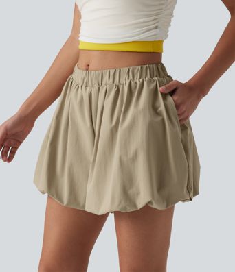 Mid Rise Stretchy Poplin Casual Bubble Shorts with Pockets Mid Rise Stretchy Poplin Casual Bubble Shorts with Pockets