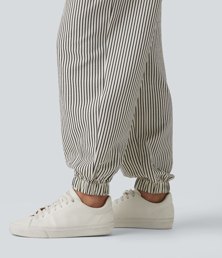 Lettuce Trim High Waisted Drawstring Stripes Casual Joggers with Pockets