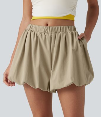 Mid Rise Stretchy Poplin Casual Bubble Shorts with Pockets Mid Rise Stretchy Poplin Casual Bubble Shorts with Pockets