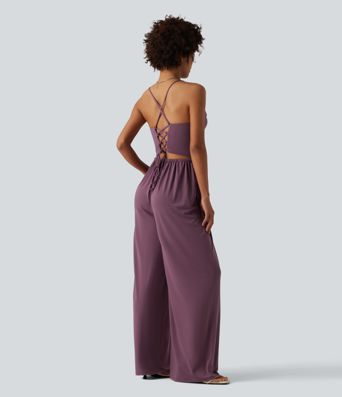 Cowl Neck Lace Up Slip Jumpsuit with Pockets-Easy Peezy Edition