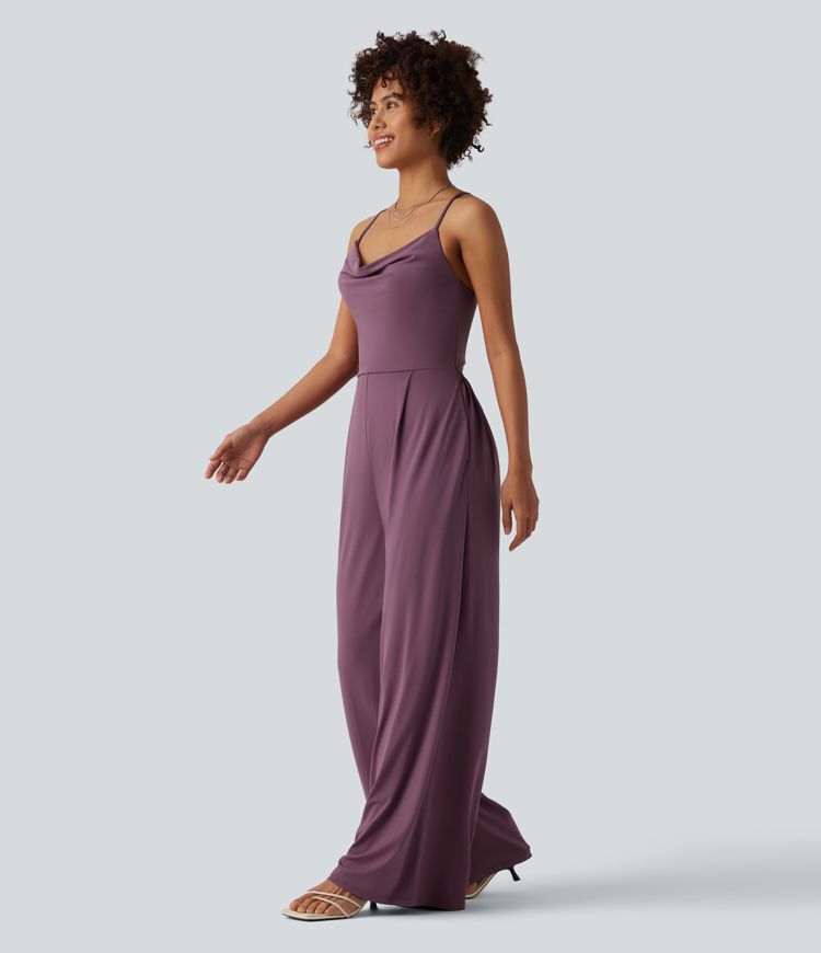 Cowl Neck Lace Up Slip Jumpsuit with Pockets-Easy Peezy Edition