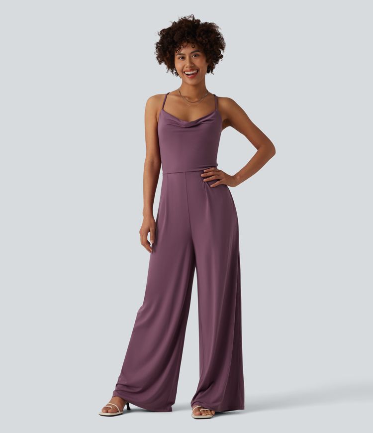 Cowl Neck Lace Up Slip Jumpsuit with Pockets-Easy Peezy Edition