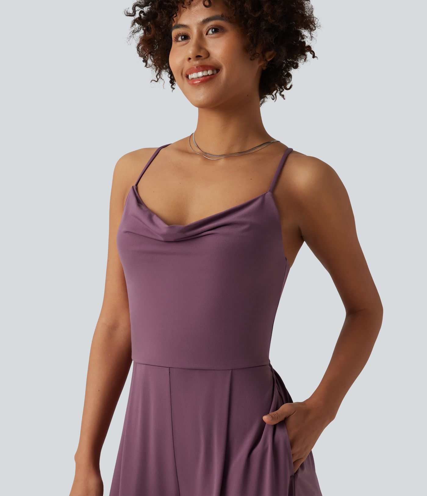 Cowl Neck Lace Up Slip Jumpsuit with Pockets-Easy Peezy Edition