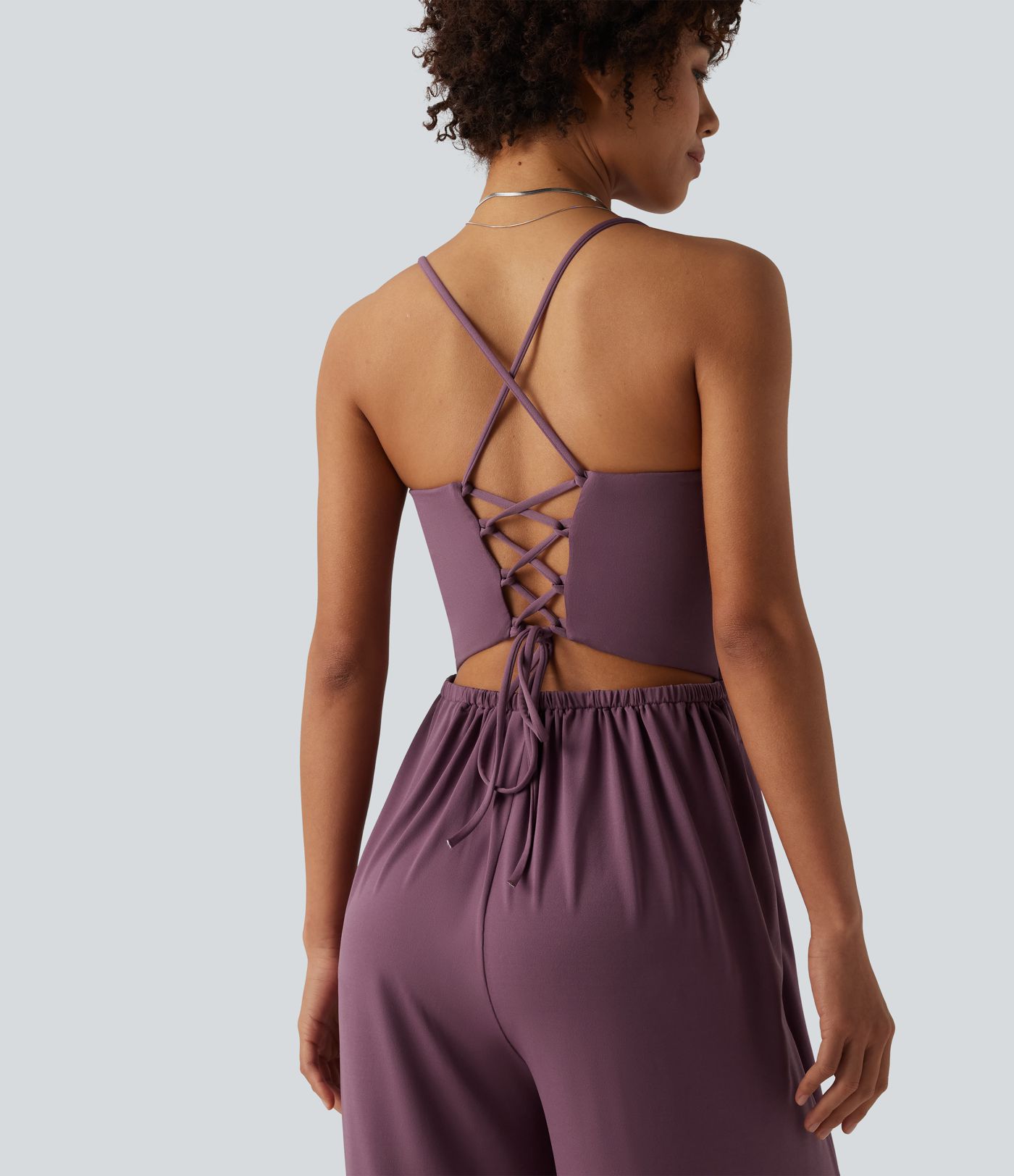 Cowl Neck Lace Up Slip Jumpsuit with Pockets-Easy Peezy Edition
