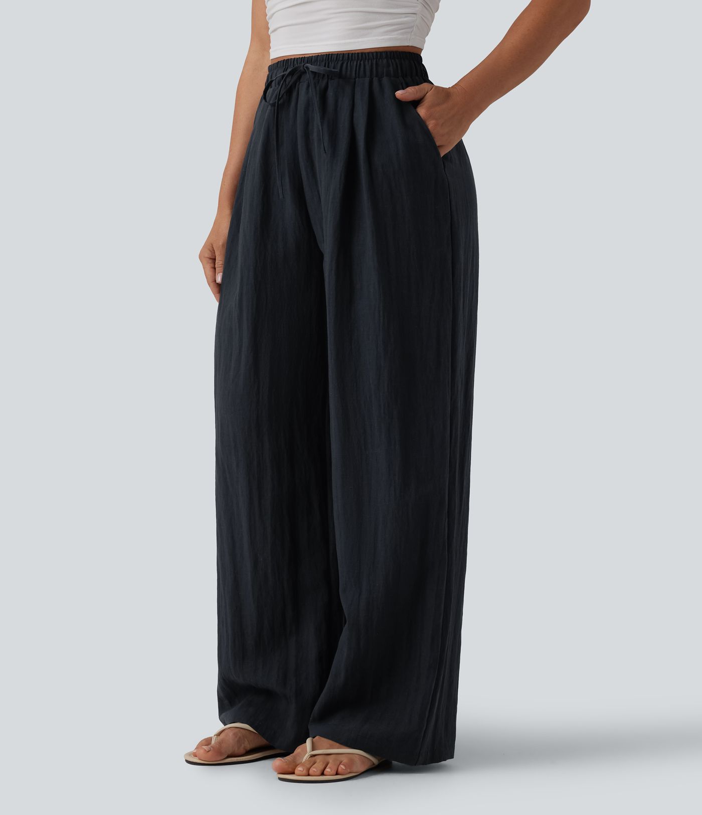 High Waisted Drawstring Linen Casual Baggy Trousers with Pockets