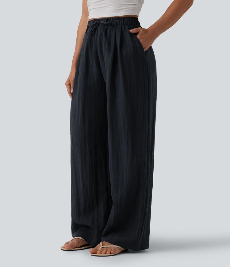 High Waisted Drawstring Linen Casual Baggy Trousers with Pockets
