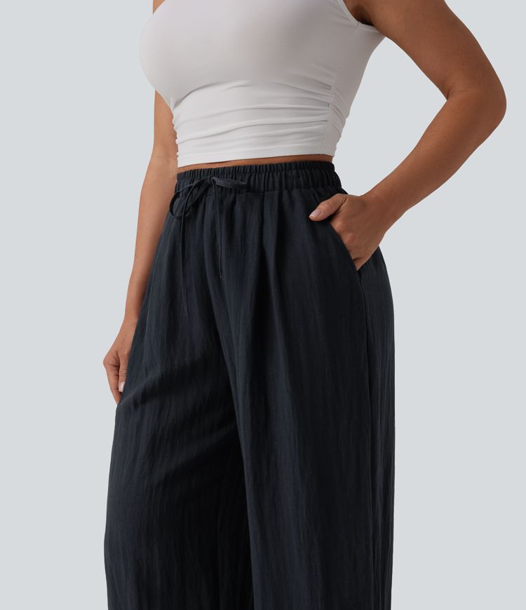 High Waisted Drawstring Linen Casual Baggy Trousers with Pockets