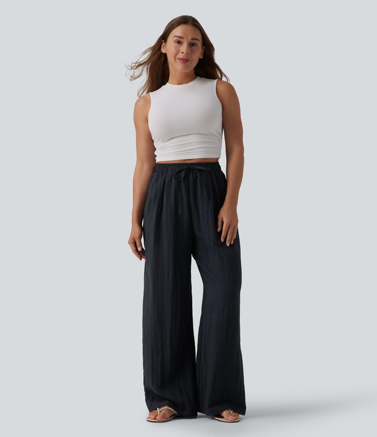 High Waisted Drawstring Linen Casual Baggy Trousers with Pockets