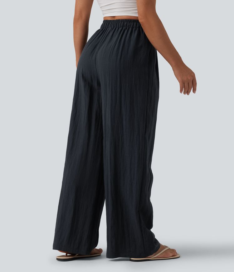 High Waisted Drawstring Linen Casual Baggy Trousers with Pockets