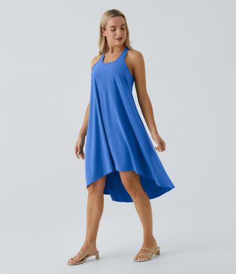 Breezeful™ Ryggløs Racerback Kjole med Sidelomme, High-Low Snitt, Luftig, Hurtigtørkende, Avslappet, Midi-Lengde