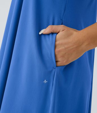 Breezeful™ Ryggløs Racerback Kjole med Sidelomme, High-Low Snitt, Luftig, Hurtigtørkende, Avslappet, Midi-Lengde