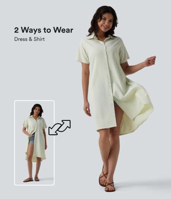 Collar Short Sleeve Stripes Print Midi Casual Shirt Dress with Pockets