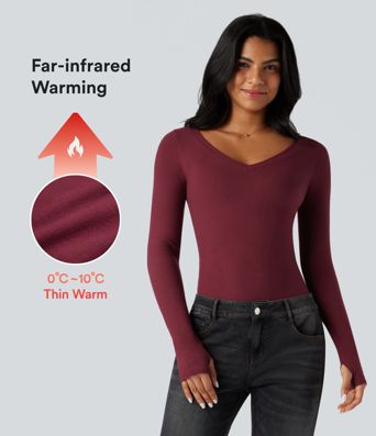 Halara HeatCore V Neck Long Sleeve Thumb Hole Casual Warming Top