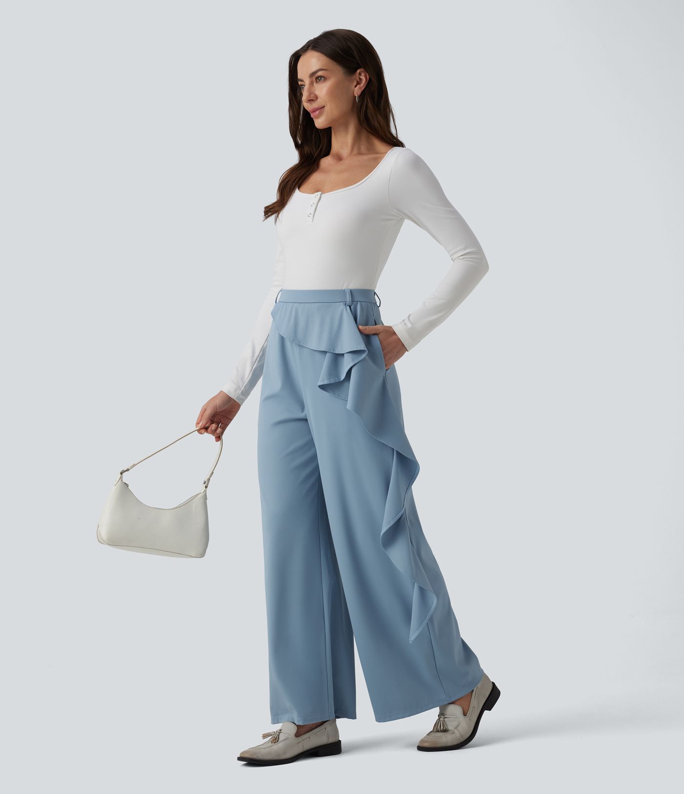 Halara Flex™ High Waisted Ruffle Wide Leg Quick Dry Work Pants with Pockets-UPF40+