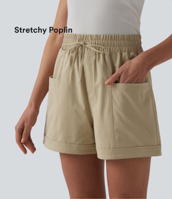 Mid Rise Drawstring Stretchy Poplin Casual Baggy Shorts with Pockets