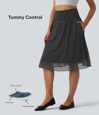 High Waisted Tummy Control Polka Dot Mesh Knee Length Casual Skirt with Pockets