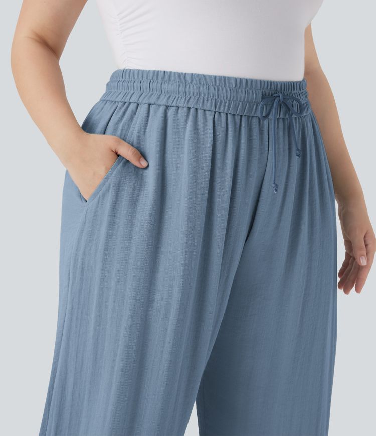 High Waisted Drawstring Linen-Feel Wide Leg Casual Plus Size Pants with Pockets