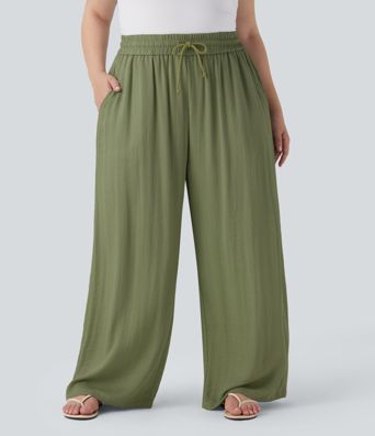 High Waisted Drawstring Linen-Feel Wide Leg Casual Plus Size Pants with Pockets